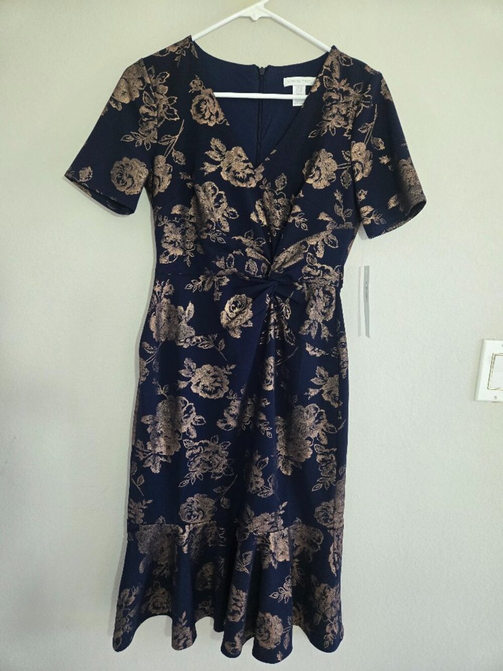 London Times Twist-Waist Flounce-Hem Midi Dress Size 2 Navy/Rose gold metallic
